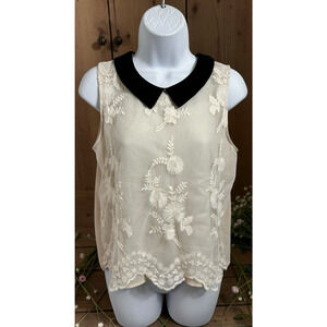 Women's Chloe K Blouse Sz M Mesh Floral Lace Collared Top Victorian Feminine